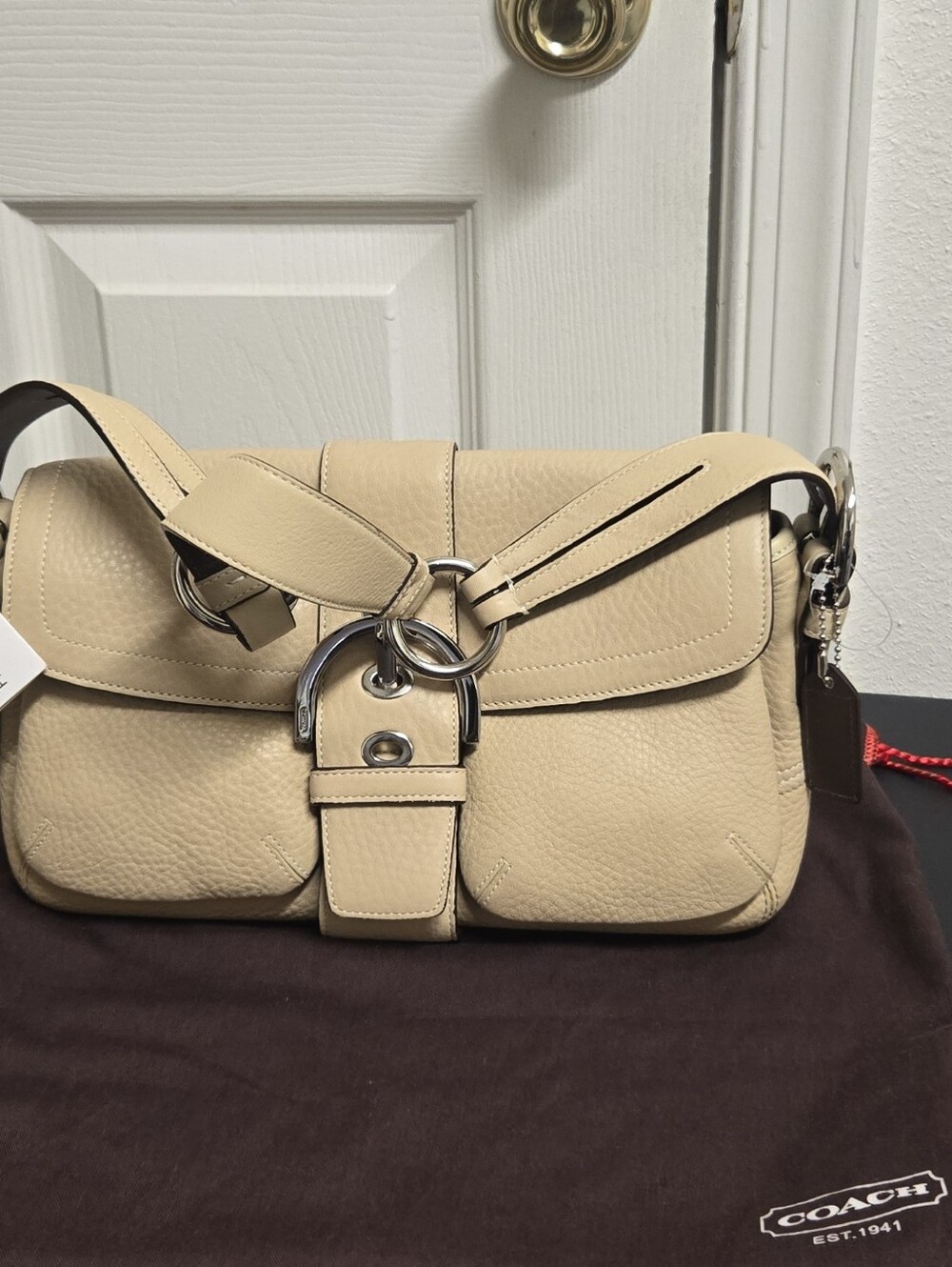 Coach Tan Pebbled Leather Shoulder Bag with Silver Rings